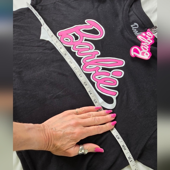 🎄 Barbie NWT retro skimmer t-shirt short sleeve crop cotton Large black pink - Picture 7 of 12